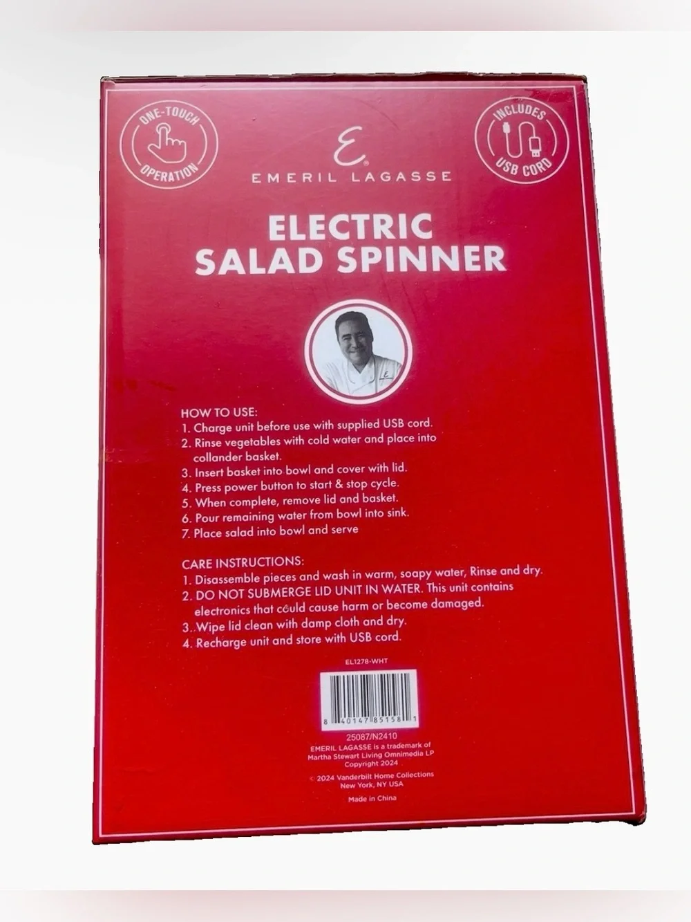 Emeril Lagasse Electric Salad Spinner 4.2 Qt USB Rechargeable One Touch New